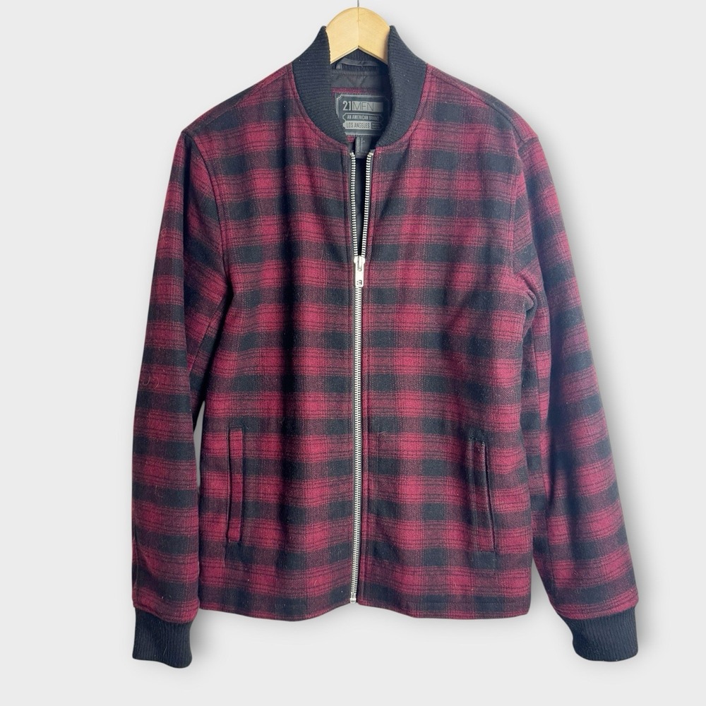 21Men Small Red Black Plaid Wool Blend Bomber Jacket Classic Preppy Cabincore